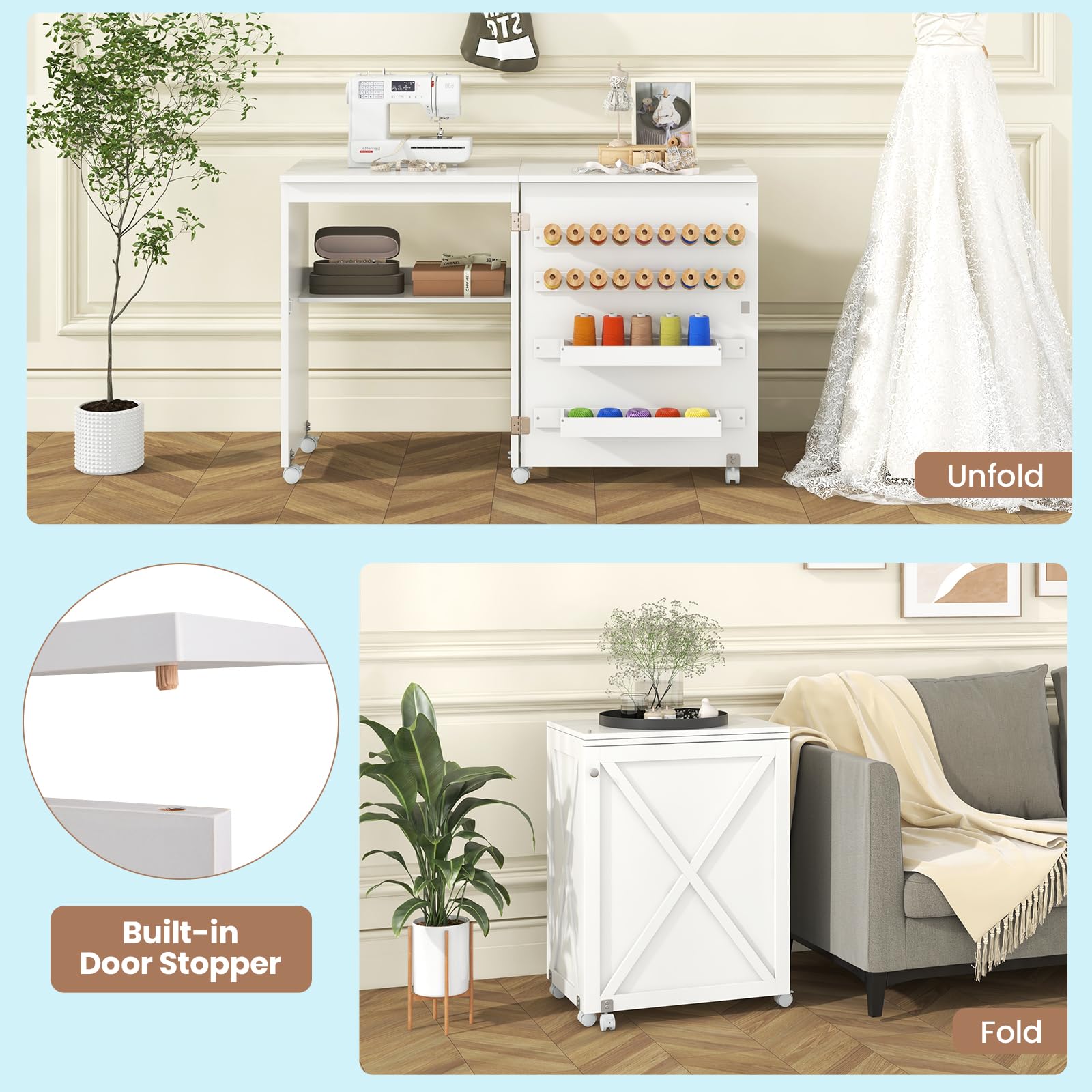 LIFEZEAL Armario de Costura, Mueble para máquina de Coser, Mesa Plegable de Costura con 5 Ruedas, 2 bandejas, 18 Ganchos para Hilo, Mesa Multifuncional de Manualidades (Blanco, 116 x 40 x 76cm)