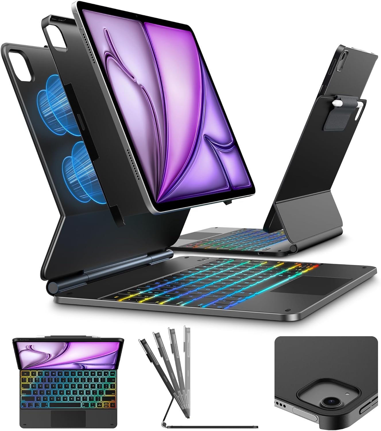 typecase Edge+ Keyboard Case for iPad Air 13-inch (M3 2025 / M2 2024),Ultra-Slim Detachable Back Case,Portrait & Typing Modes, Built-in Trackpad,11-Color Backlight, Magnetic Stand, Pencil Holder,Black
