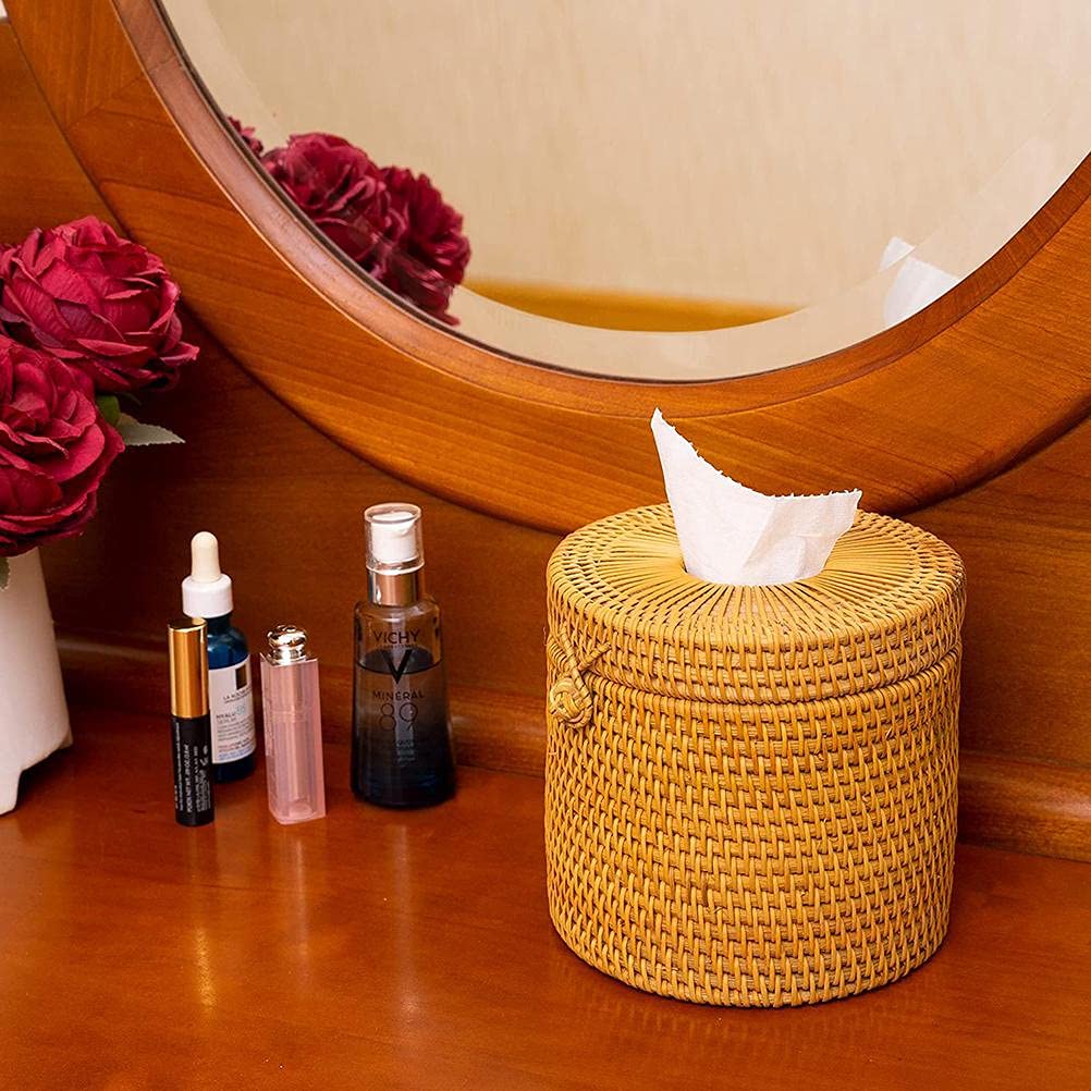 Scatola rotonda in rattan, porta carta igienica in vimini con coperchio, contenitore rotondo adatto per la decorazione della casa del bagno