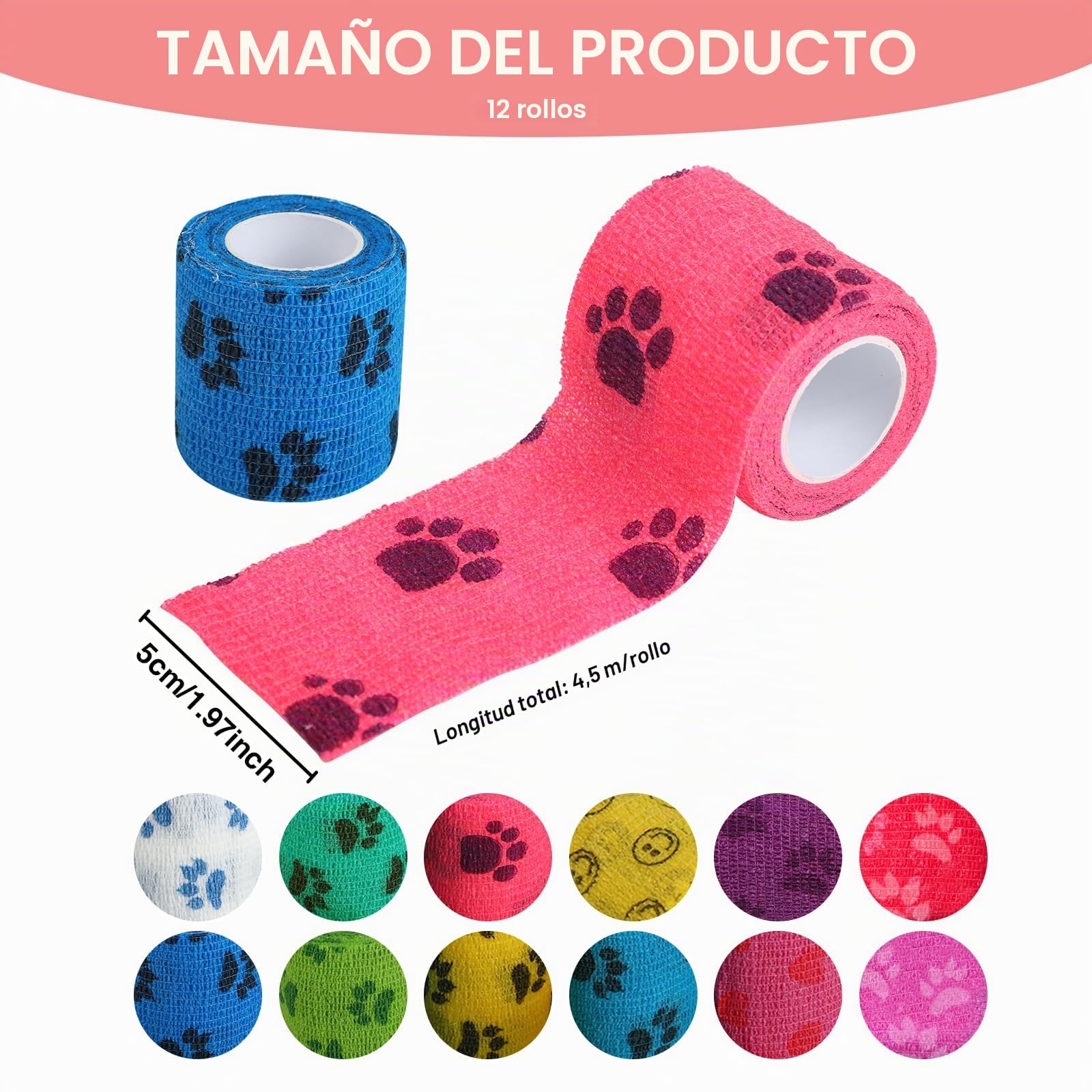 12 piezas de vendas autoadhesivas, venda cohesiva, vendas cohesivas y venda autoadhesiva elástica para perros, caballos y otros animales – Ideal para cuidar articulaciones, tobillos y más, 5cm x 4,5 m