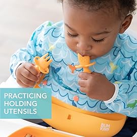 Bumkins Baby Utensils Set, Chewtensils Silicone Spoons for Dipping, Self-Feeding, Baby Led Weaning, Trainer Learning, First Stage Eating, Soft Practice Fork and Spoon, Babies 6 Months, Tangerine