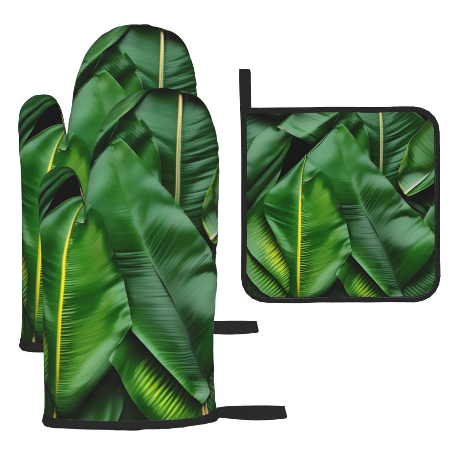 Banana Leaves Print Oven Mitts Kitchen Gloves Set Everyday Baking Grilling Microwaving Cooking Gift