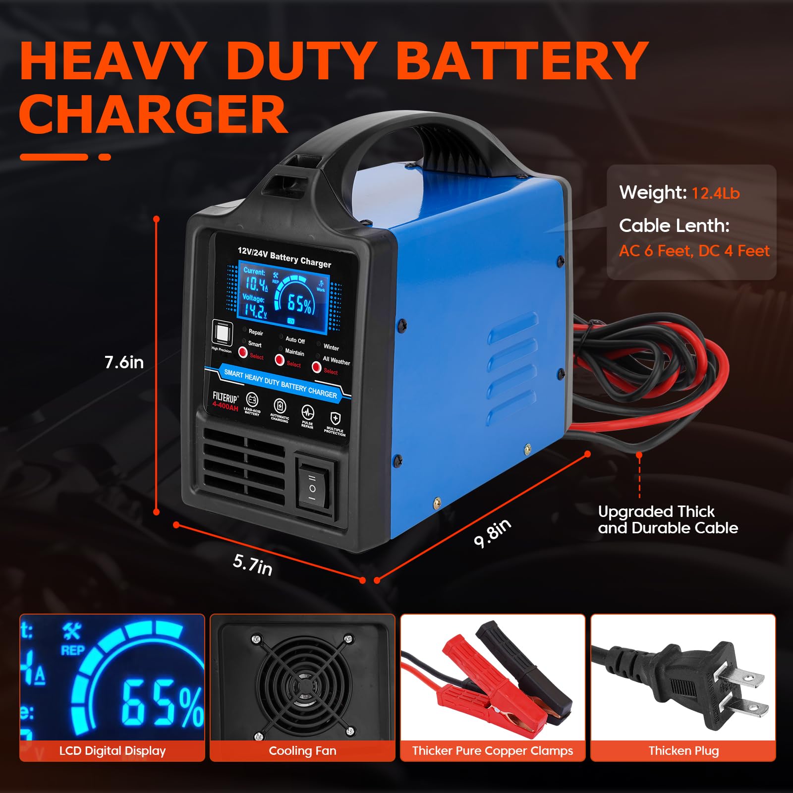 Caricabatterie al piombo-acido da 12 V 24 V, resistente, 0-15 A Smart Automatic Battery Maintainer, caricabatterie con riparazione, spegnimento automatico, modalità inverno ed estate, per auto, camion
