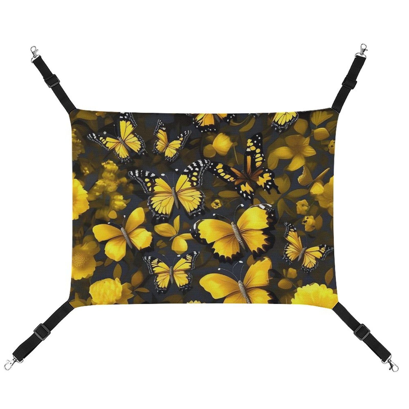 Hamac pour chat réglable et suspendu jaune motif fleurs et papillons