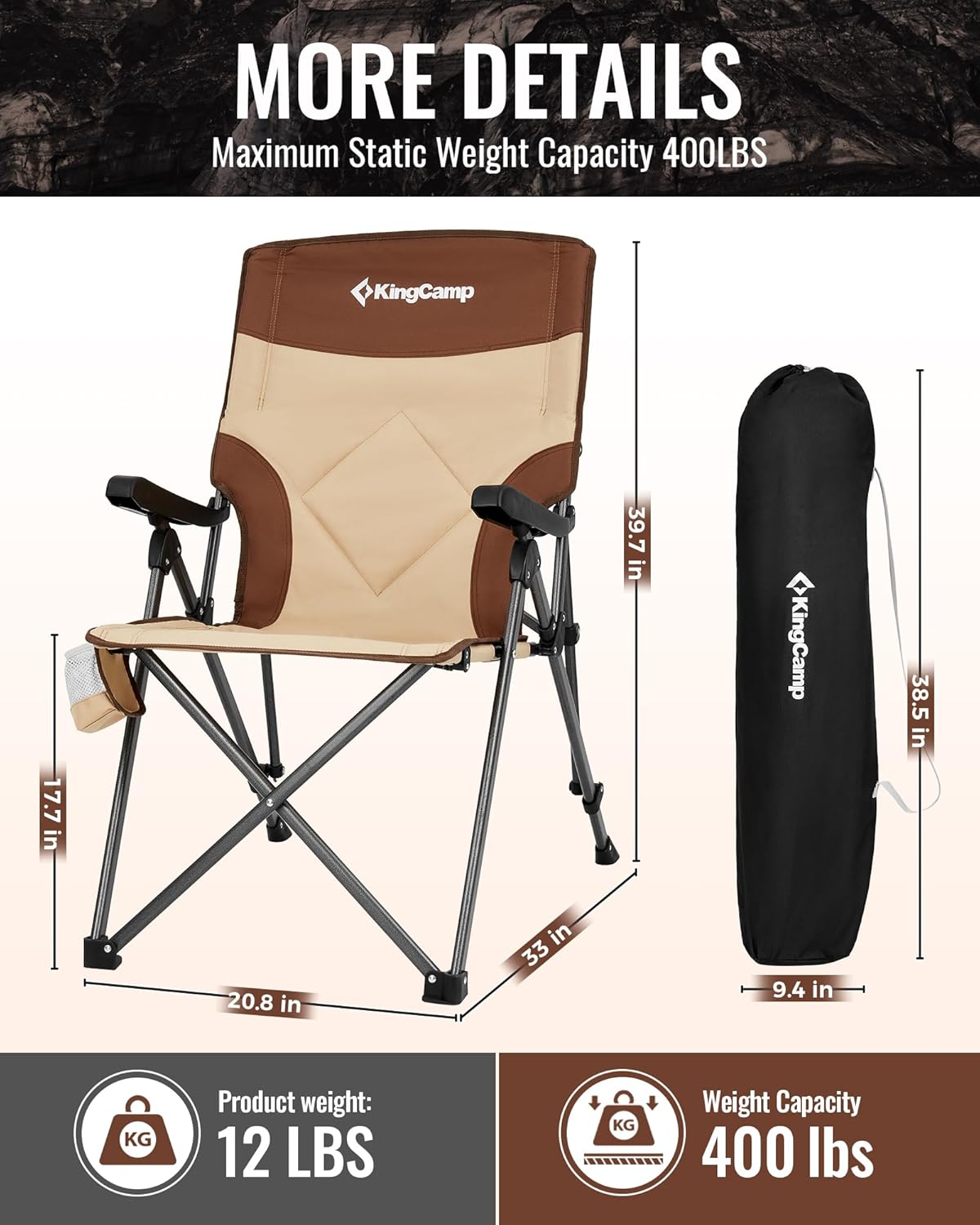 KingCamp Folding Camping Chair Adjustable 3-Position, Reclining Outdoor High Back Camp Chair with Hard Armrests, Heavy Duty Portable Chair, Dual-Layer Padded Seat & Storage for Camping, Lawn, Backyard
