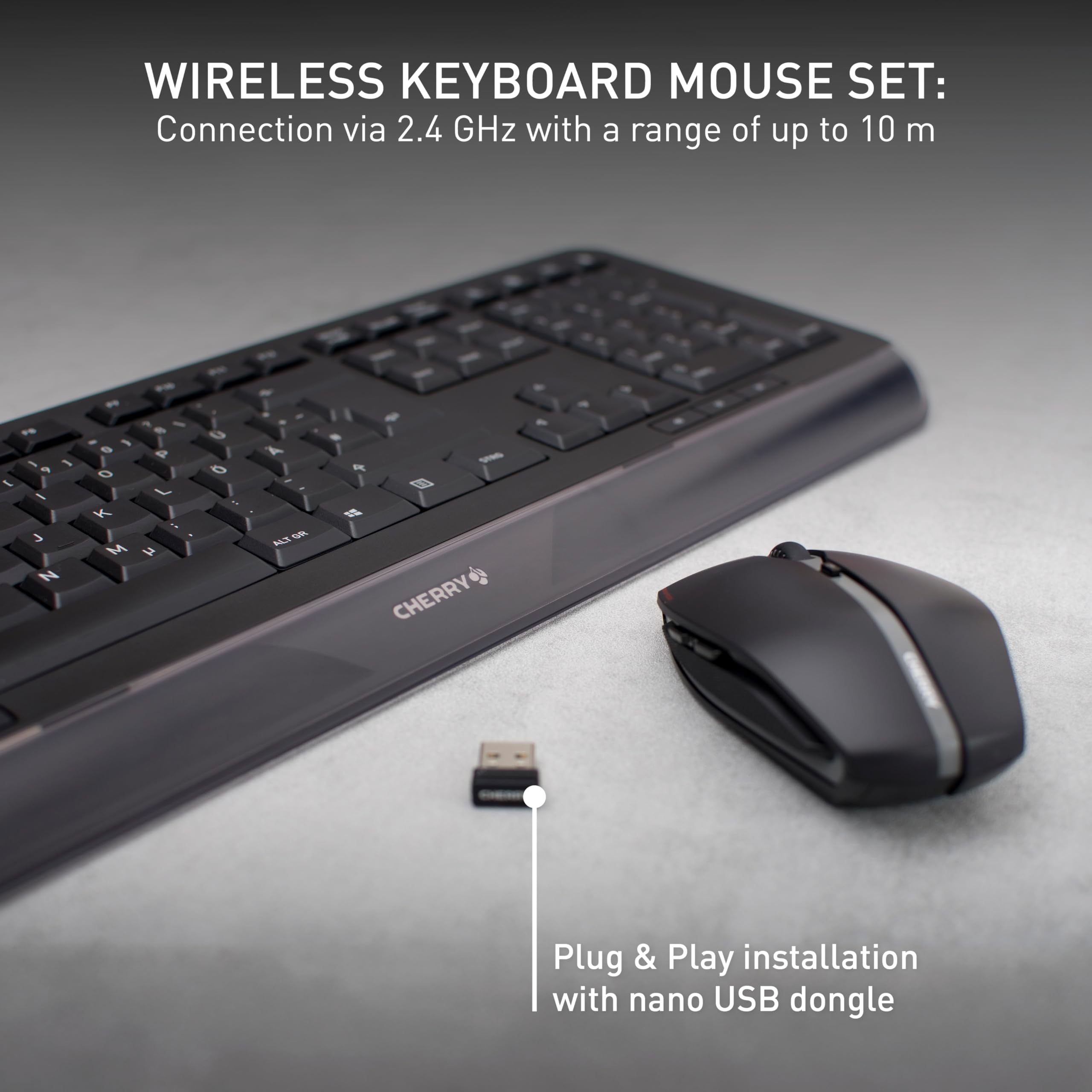 CHERRY GENTIX DESKTOP, bezprzewodowy zestaw klawiatury i myszy, niemiecki układ klawiatury, klawiatura QWERTZ, trwałe napisy na przyciskach, ergonomiczne wzornictwo, na baterie, czarny