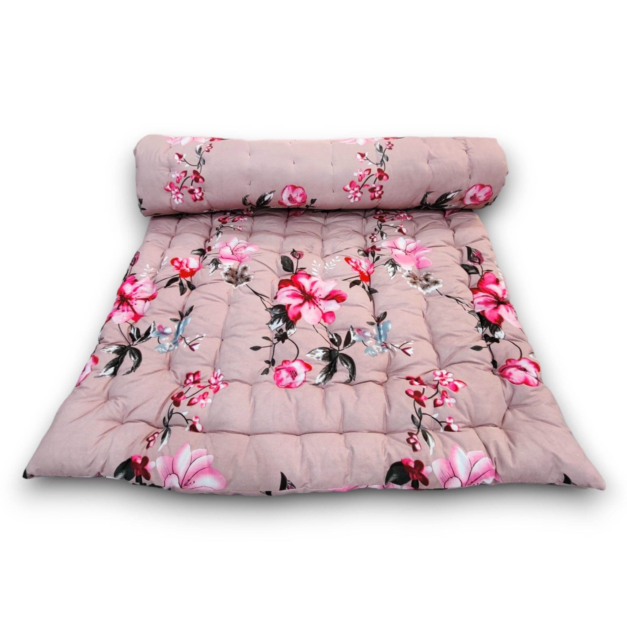 Deevine Craft Floral Floor Cotton Quilt Mattress, 36X72 inch Maroon Quilted Japanese Futon with Rose Pattern, Foldable Rollable Light Weight Sleeping Mat Single Bed Mattress-image-47