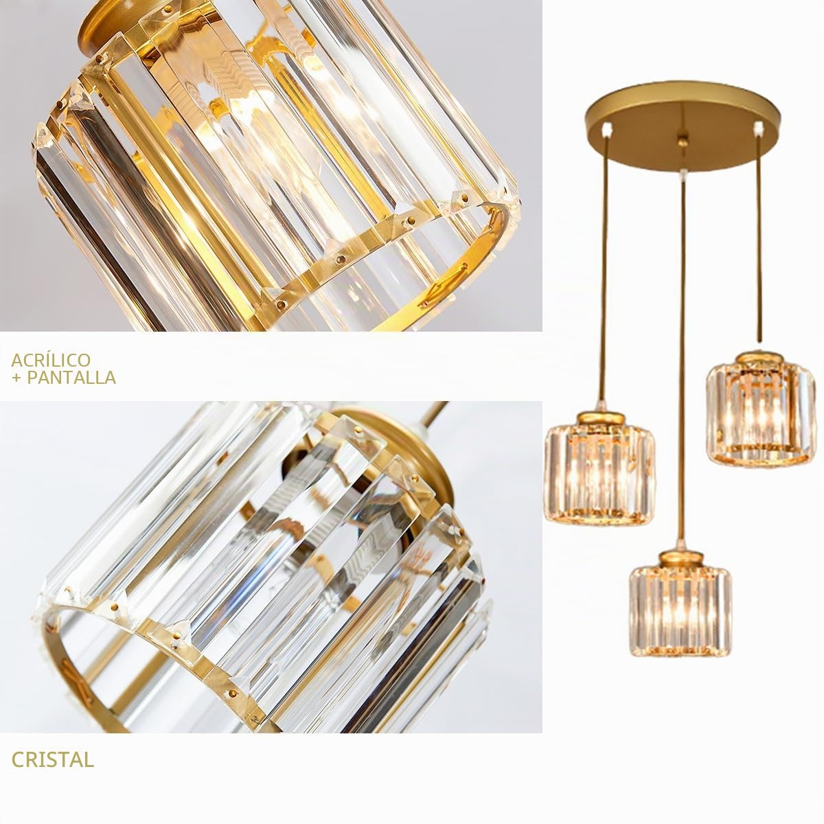 Lámpara colgante de cristal de 3 luces, base dorada y lámpara de techo de cristal, accesorio de iluminación colgante para cocina, isla, comedor, dormitorio (Oro)