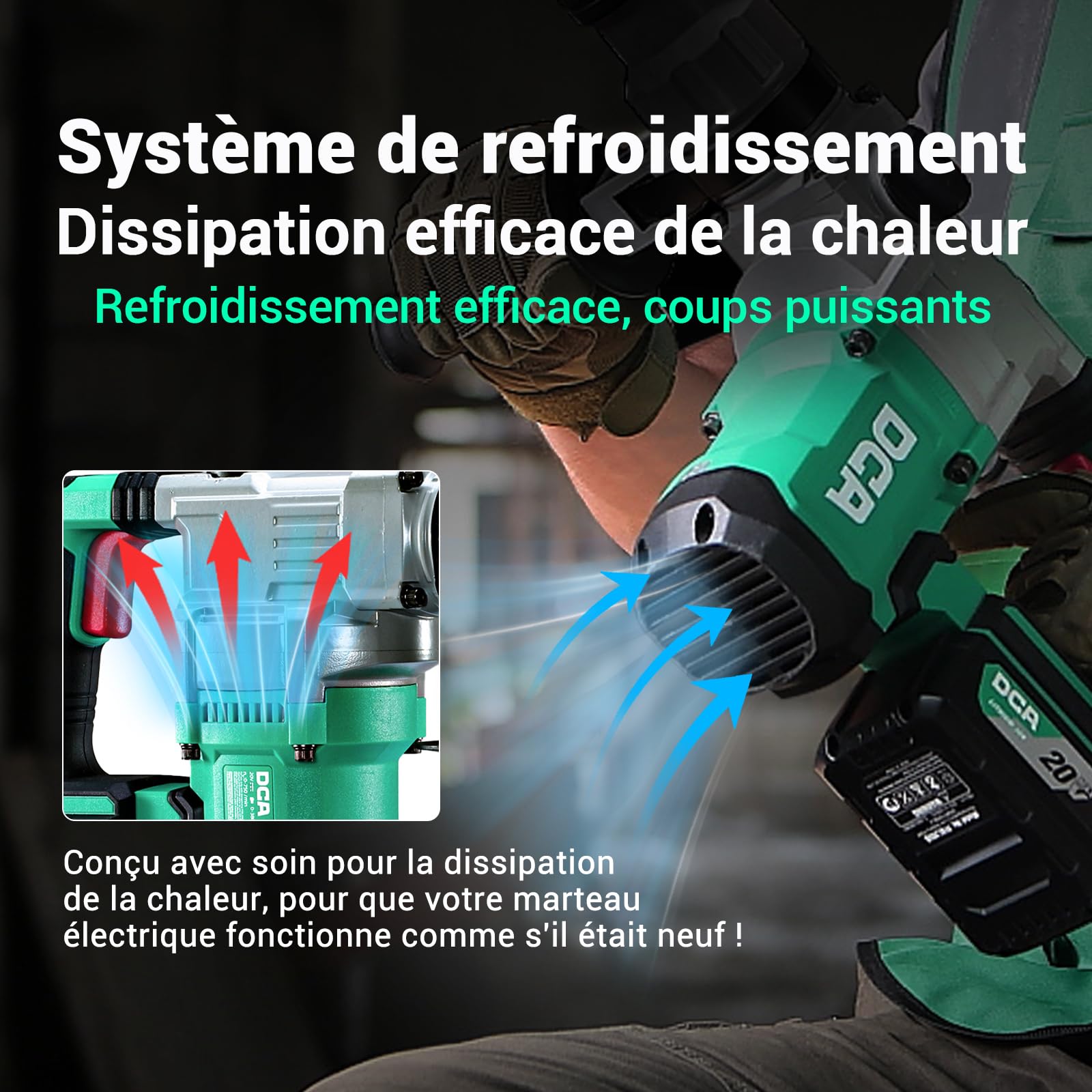 DCA Marteau Perforateur Sans Fil 20V, 4.5 J d'énergie de Frappe et 3800 BPM, 4 Pièces 28mm SDS-Plus, Moteur Sans Balais Marteau Perforateur Haute Performance, Batterie 5.0Ah, Chargeur Rapide 4A
