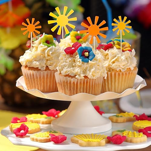 Miniatura 4 de Whaline 48 adornos bohemios para cupcakes de sol, 2 tamaños, decoración de papel solar con punta de pegamento, amarillo y naranja, centro de mesa de