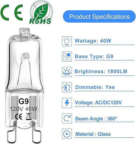 Miniatura 4 de WeshLMPO Bombilla G9 de 40 W, 120 V, bombillas halógenas G9, 2 pines para campana, horno, bombilla de repuesto, regulable, blanco cálido (paquete de