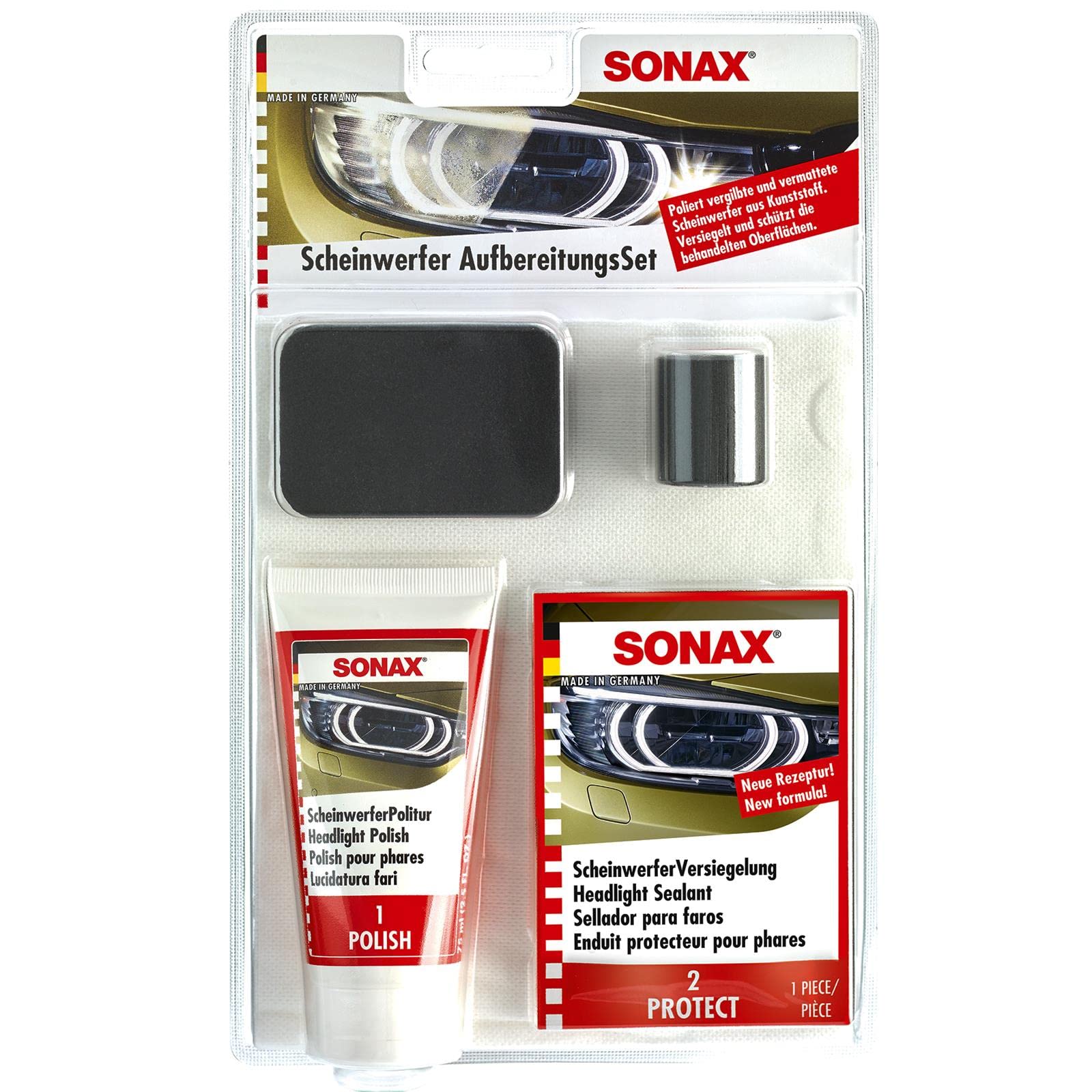 SONAX 04059410 - Set di pulizia e cura fanali, 89 ml