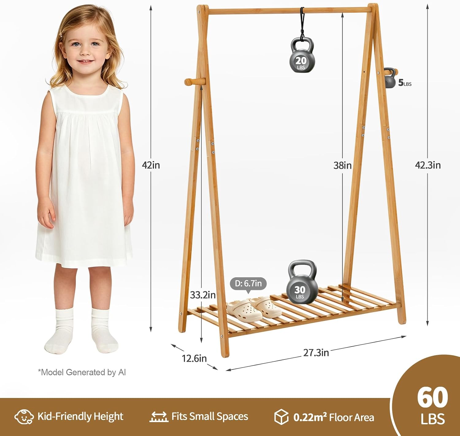 Kids Clothing Rack,Small Toddler Clothes Racks, Bamboo Wooden Garment Rack with Shelves, Short Mini Dress Up Costume Rack for Hanging Clothes Nursey,Baby Shower,Child Playroom,Bedroom,1 Tier,42"