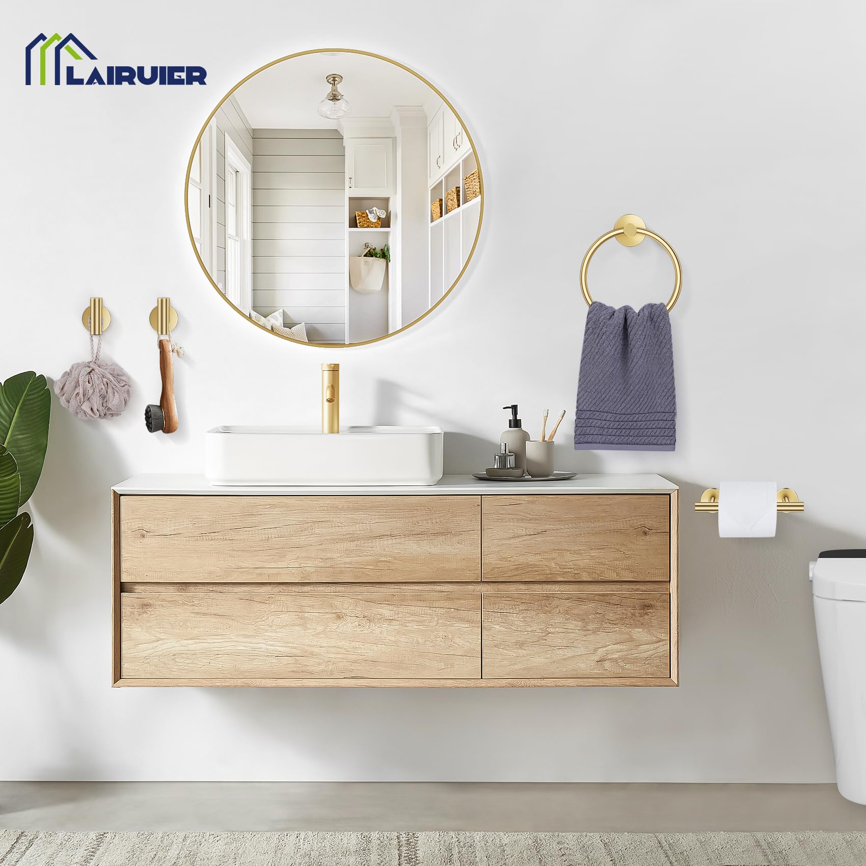 Brushed Gold Bathroom Hardware Set - Toilet Paper Holder & More -7