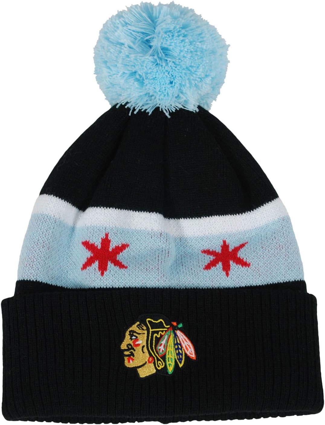Reebok Chicago Blackhawks Youth Chicago Flag Cuffed Knit Pom Hat NHL Official