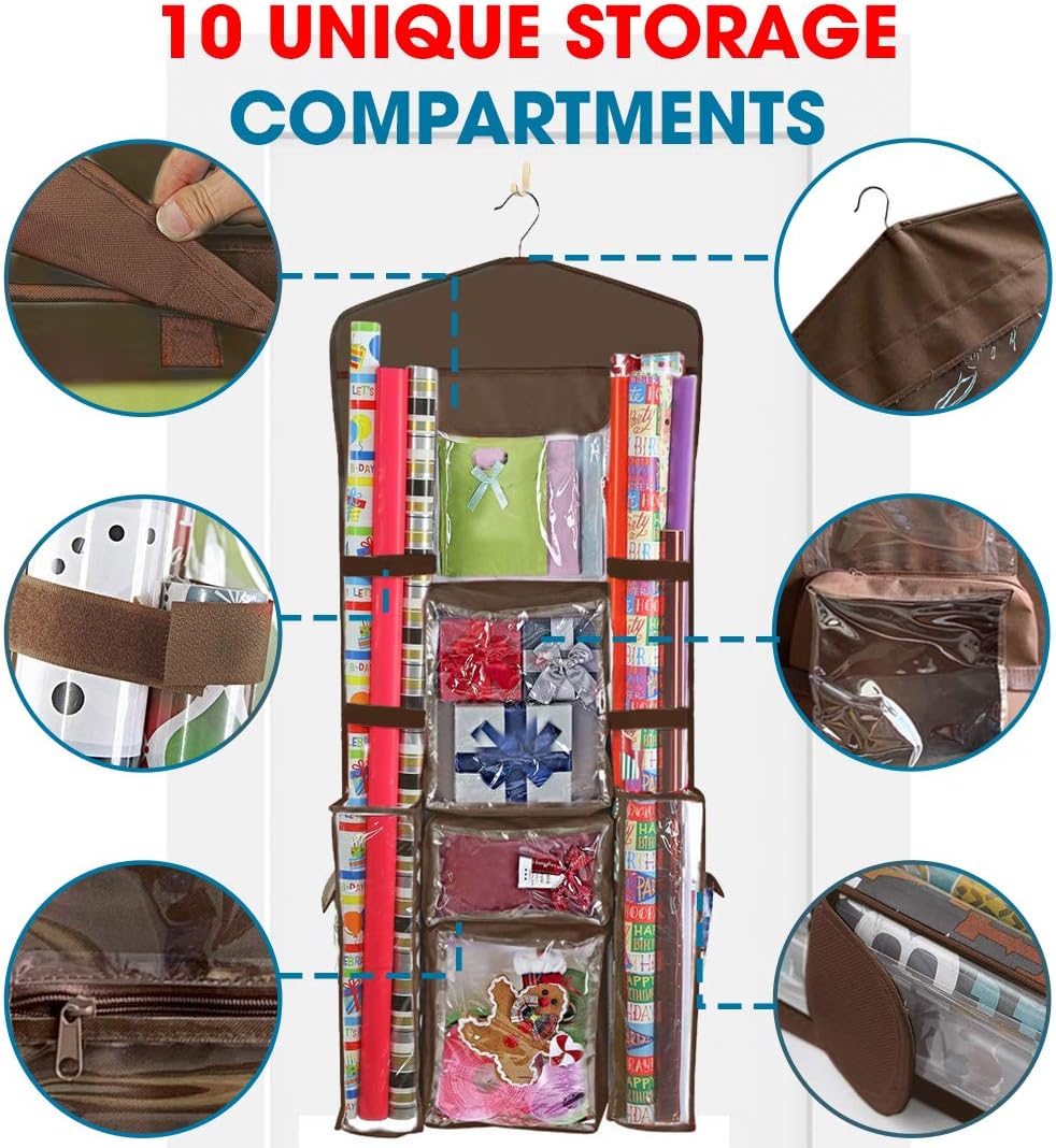 ProPik Hanging Double Sided Wrapping Paper Storage Organizer with Multiple Pockets, Organize your Gift Wrap, Gift Bags, Bows, Ribbons 40"X17" Fits 40 Inch Rolls Clear PVC Bag (Brown): Home & Kitchen