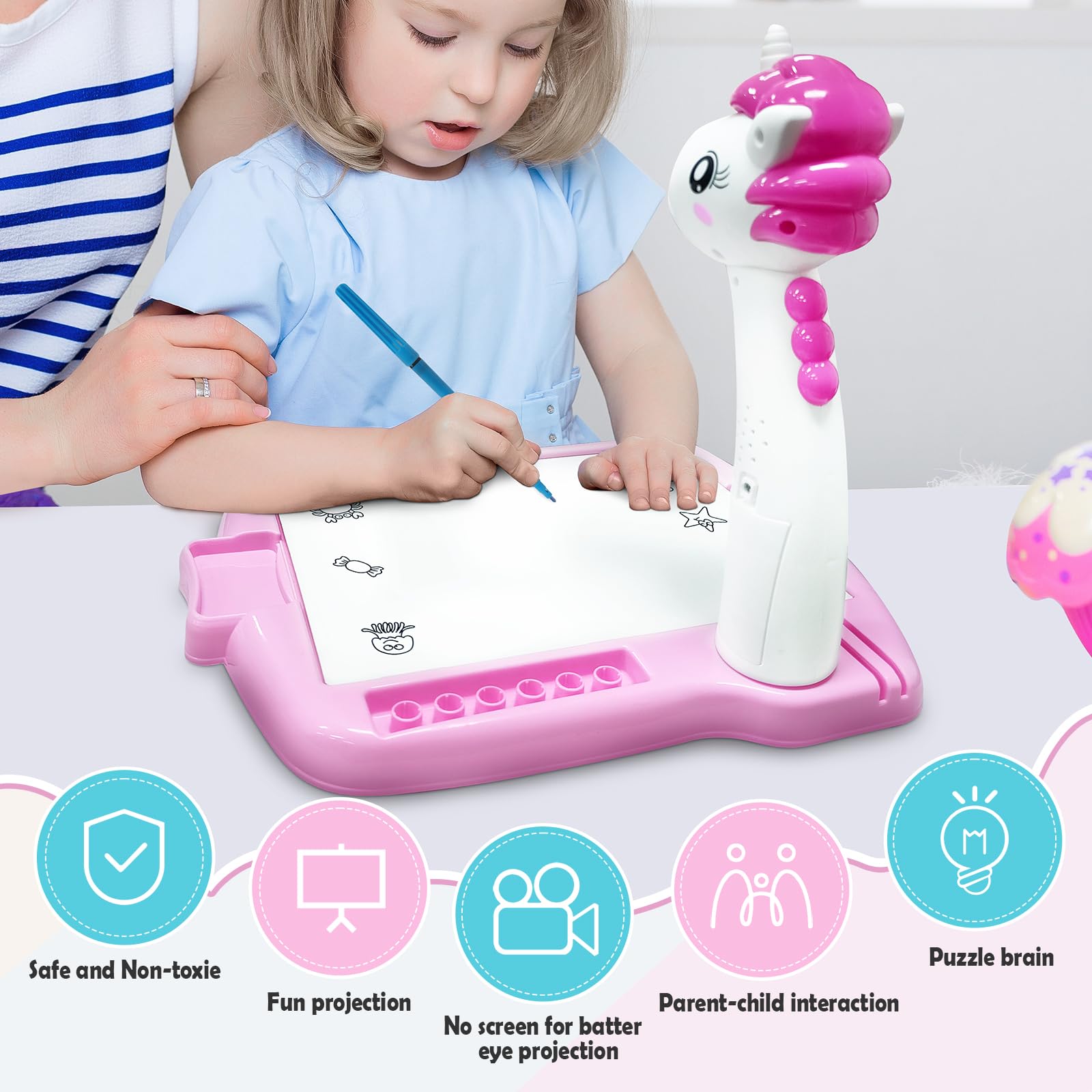 MOMSIV Proiettore di tracciamento e disegno per bambini, unicorno per bambini, tavolo da disegno con 72 motivi colorati, giocattolo per proiettori Trace and Draw per ragazzi e ragazze regali