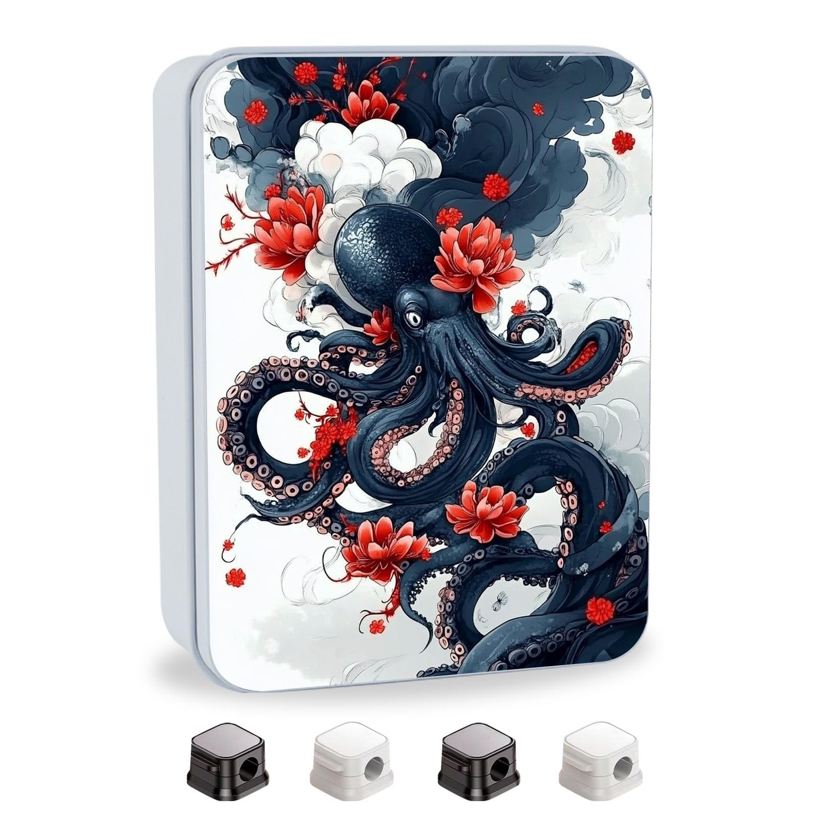 Metal Tin Box with Lid,Multi-functional Storage Large Box Can Store Tea Biscuits Game Cards, Playing &amp; Tarot Cards-Comes with 4 Magnetic Cord Clips,Octopus and Red Flower