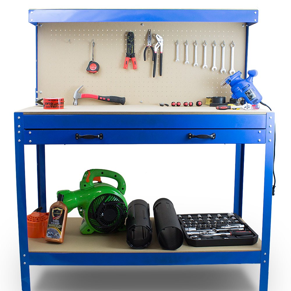 BITUXX Werktisch Werkbank Arbeitstisch Arbeitsplatte Lochwand Schublade Werkstatt 115 x 55 x 140 cm Blau