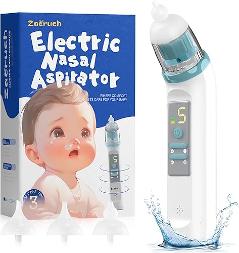 Aspirador nasal para bebé, recargable eléctrico con 3 puntas de silicona y música, luz colorida, limpia automáticamente la nariz del bebé, azul