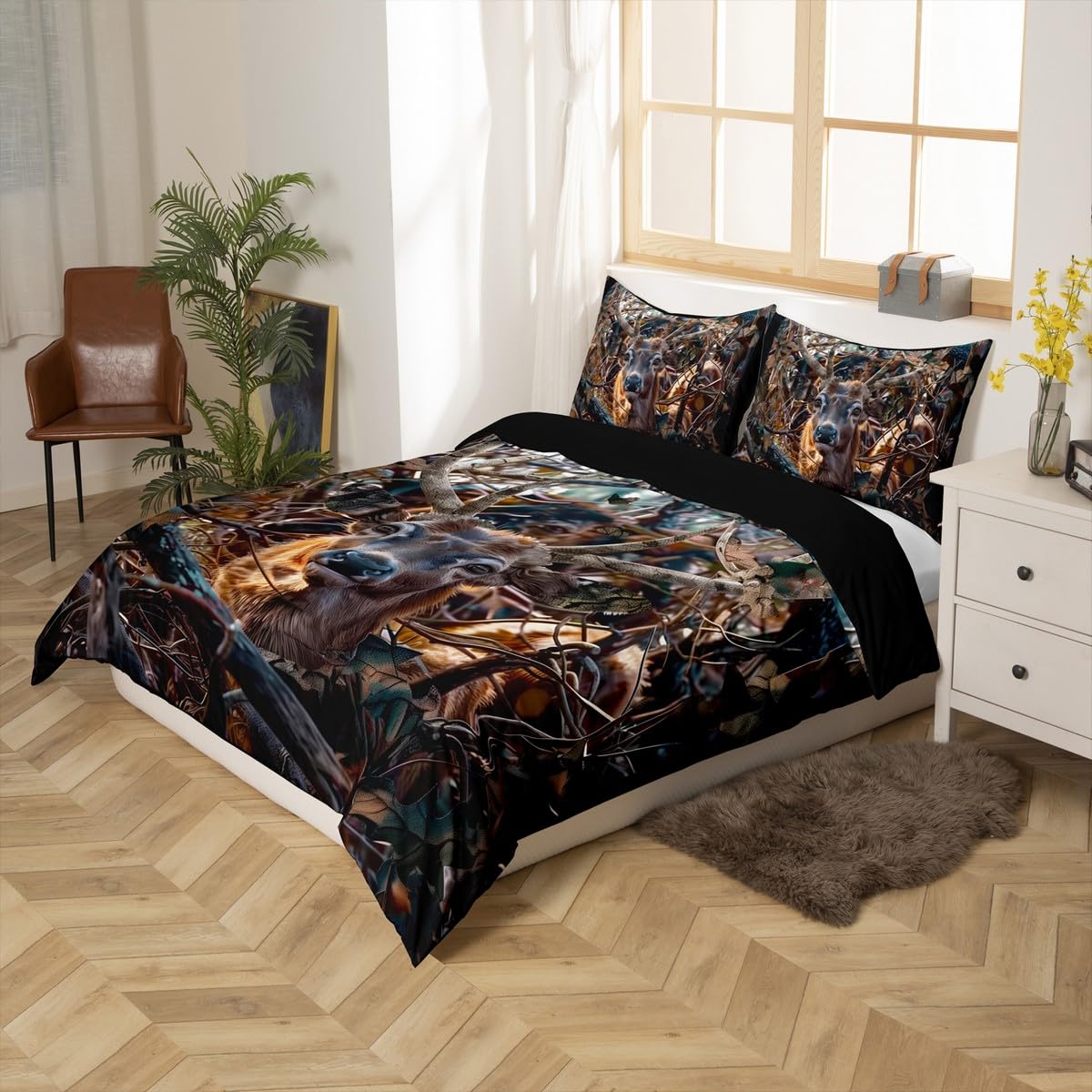 jejeloiu Rustic Deer Bedding Set Black Trees Branches Deer Duvet Cover Set for Kids Boys Western Farmhouse Comforter Cover Wild Animal Quilt Cover with 1 Pillowcase 2Pcs Bedding Toddler,No Comforter