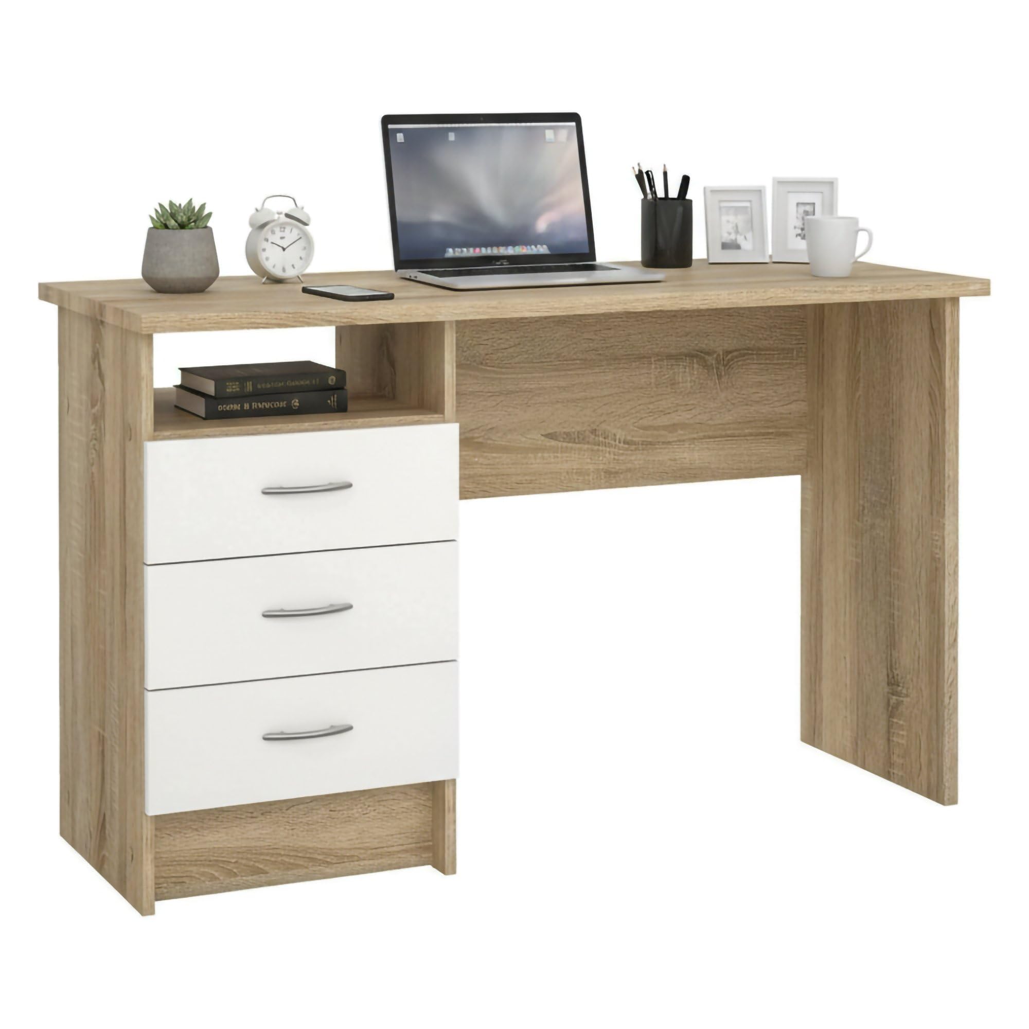 Dmora - Scrivania Priscille, Scrittoio multiuso, Tavolo per ufficio porta PC, Piano di lavoro, 120x48 h72 cm, Quercia e Bianco