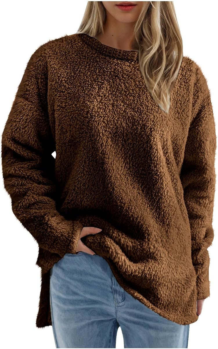 Women's Sherpa Pullover Sweaters Fuzzy Warm Tops Solid Plush Sweater Split Hem Long Fluffy Sweatshirts