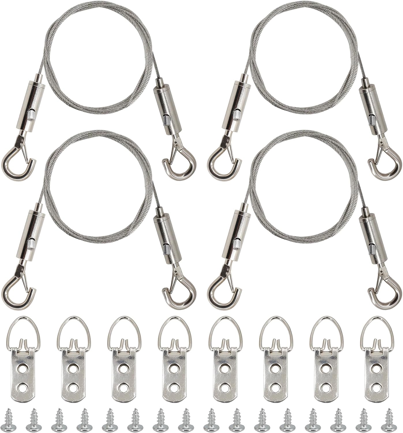 4 Pcs 3.28FT (1M) Picture Hanging Wire Kit Adjustable Stainless Steel Hanging Wire with 2-Hole D-Rings Picture Hangers and Screws for Mirrors Frames Artwork Light Lamp Billboards Basket Flowerpot