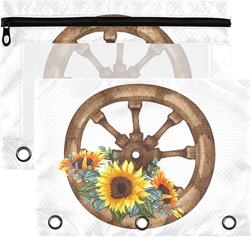 WIFIU Estuche para lápices de ramo de girasoles de acuarela para carpeta de 3 anillos con cremallera, estuche a granel con ventana transparente para