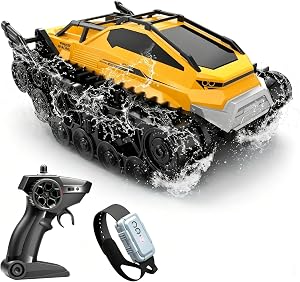 Fistone Amphibious Remote Control Car, 2.4Ghz All-Terrain Remote Control Truck with Gesture Sensing, 360° Rotating RC Tank Crawler Waterproof Off-Road RC Car, RC Boat for Kids Boys