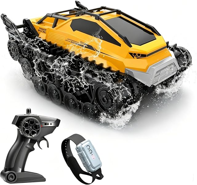 Fistone Amphibious Remote Control Car, 2.4Ghz All-Terrain Remote Control Truck with Gesture Sensing, 360° Rotating RC Tank Crawler Waterproof Off-Road RC Car, RC Boat for Kids Boys