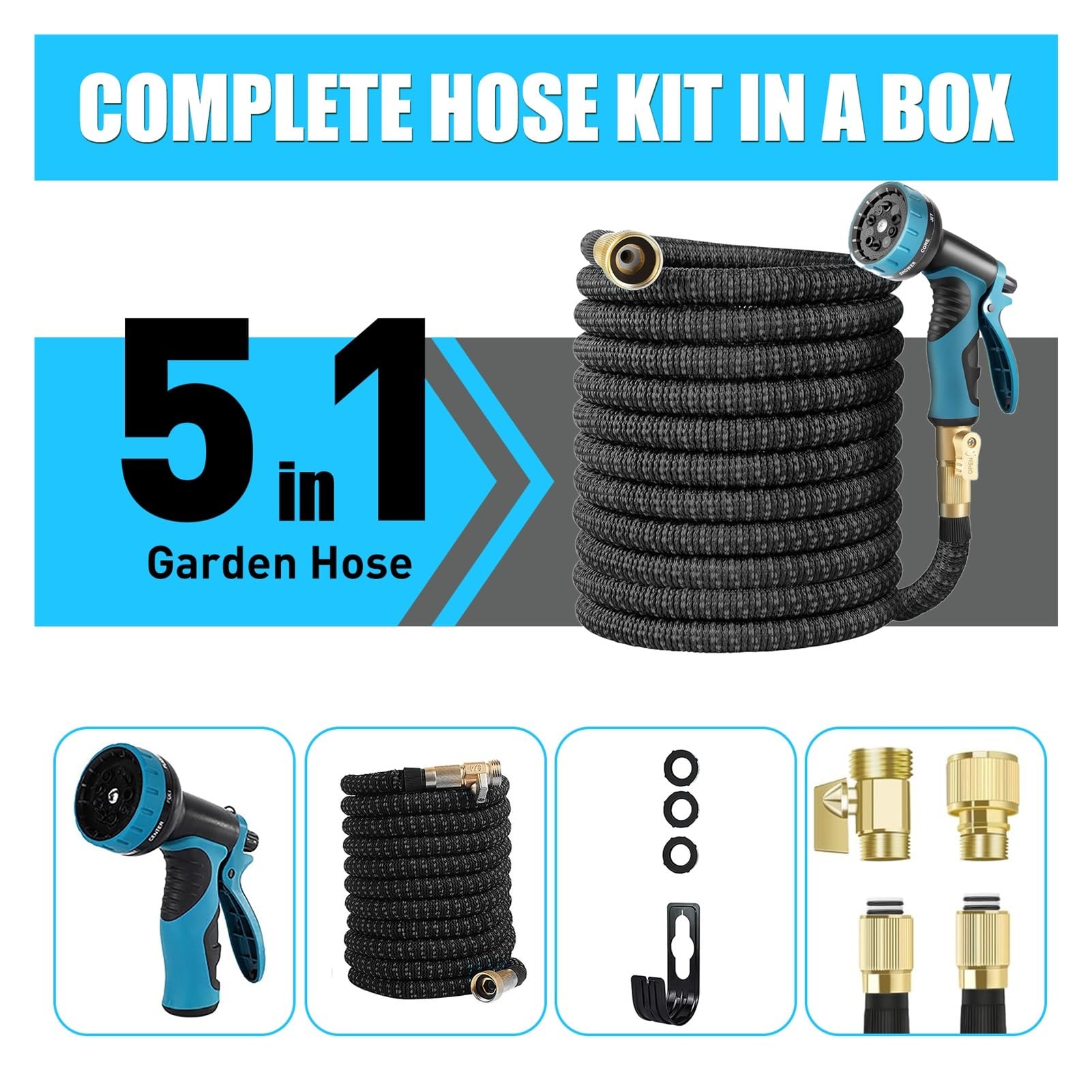 Manguera de jardín Extensible, Manguera mágica Extensible de Alta presión para Lavado de Coches, Carrete de Manguera Flexible para riego de jardín y césped (50 pies)