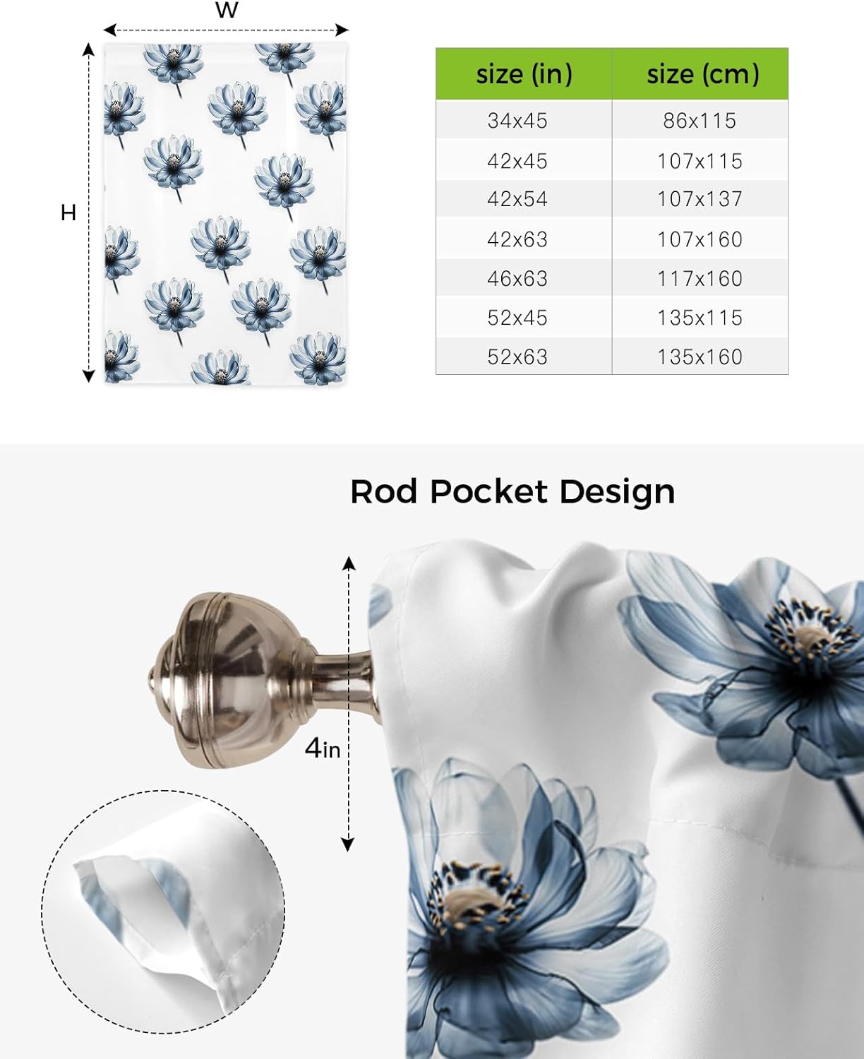 Tie Up Curtains Window Shades, Stereoscopic Flowers Watercolor Floral Rod Pocket Tie Up Window Shade, Adjustable Balloon Curtain Shade for Blinds Kitchen Bathroom, 1 Panel, 42"x45"
