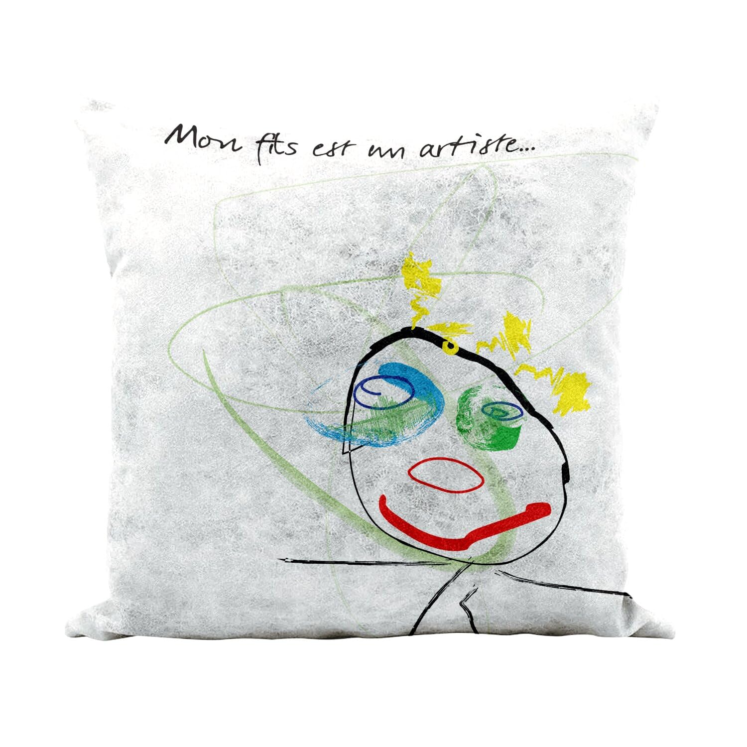 Coussin similicuir blanc housse et rembourrage motif dessin d'enfant 40x40