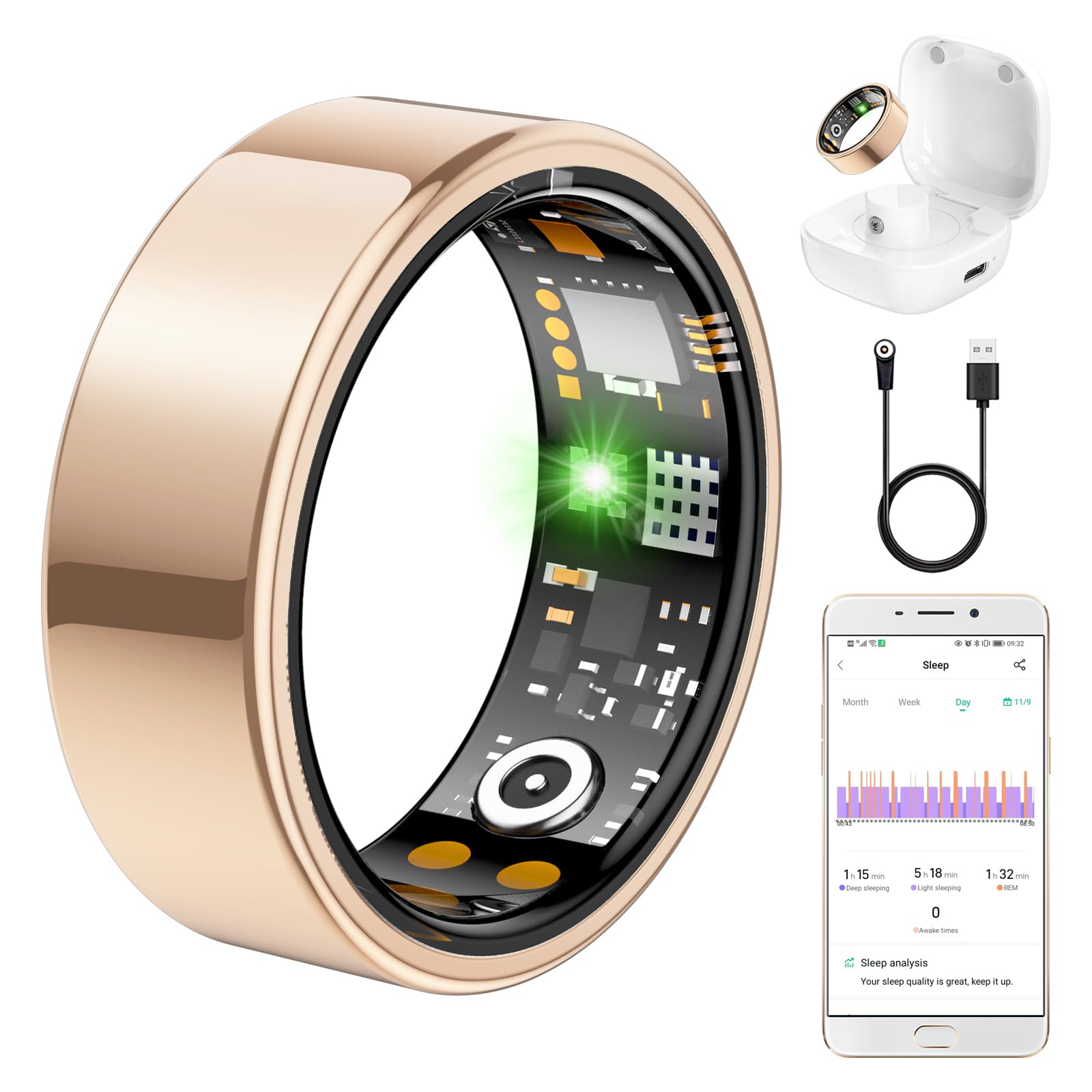 Ring Health Tracker for Women Men, Fit Ring with Heart Rate, Blood Oxygen, Sleep Monitor, Calories, Step Counter, IP68 Waterproof Smart Ring for iPhone &amp; Android, No Subscription Fee (Rose Gold, 8#)