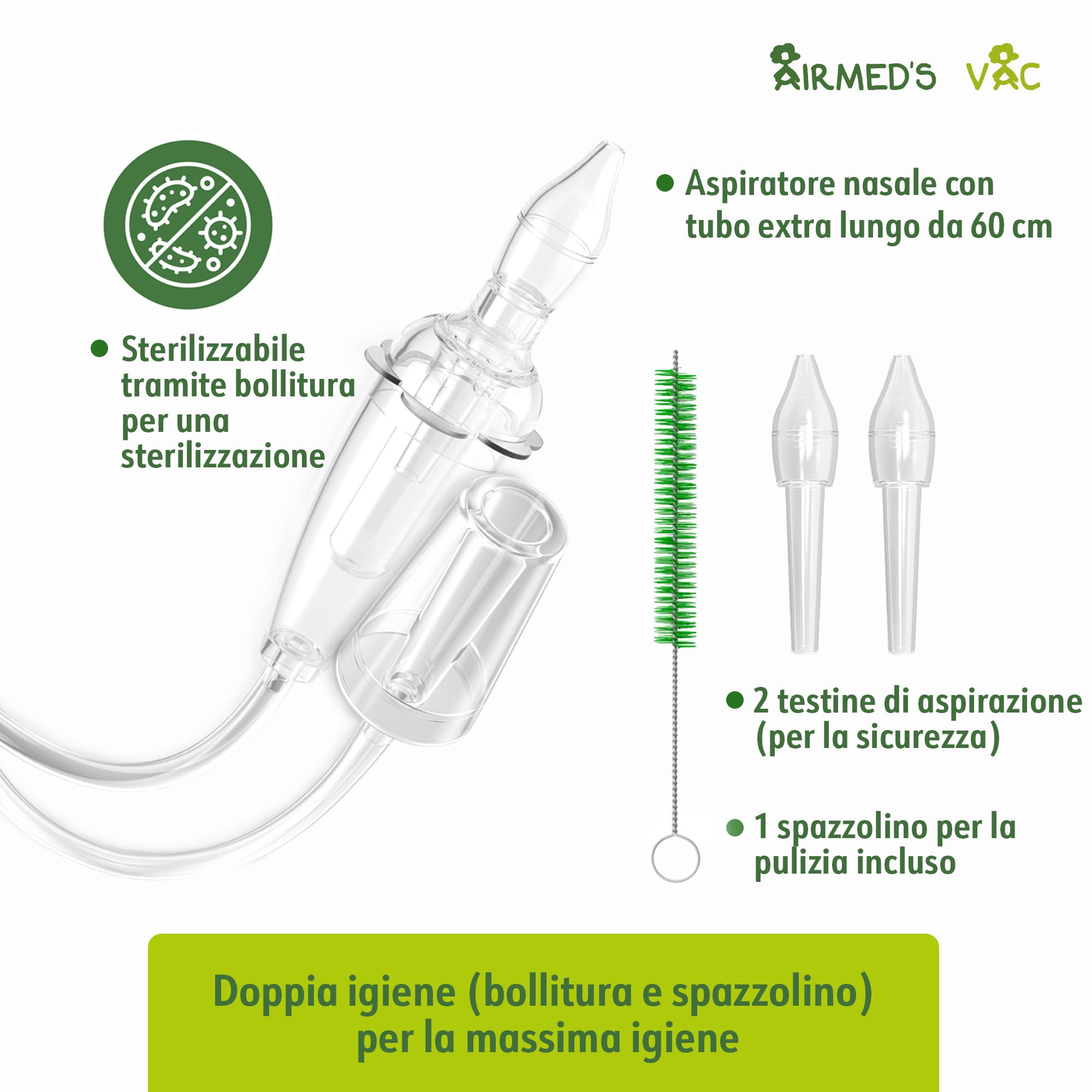 Airmed's Vac Aspiratore nasale neonato. Clinicamente testato e sicuro | Naso libero in 3 secondi. Con 2 testine di aspirazione e spazzolina per la pulizia. Compatibile con tutti gli aspiratori