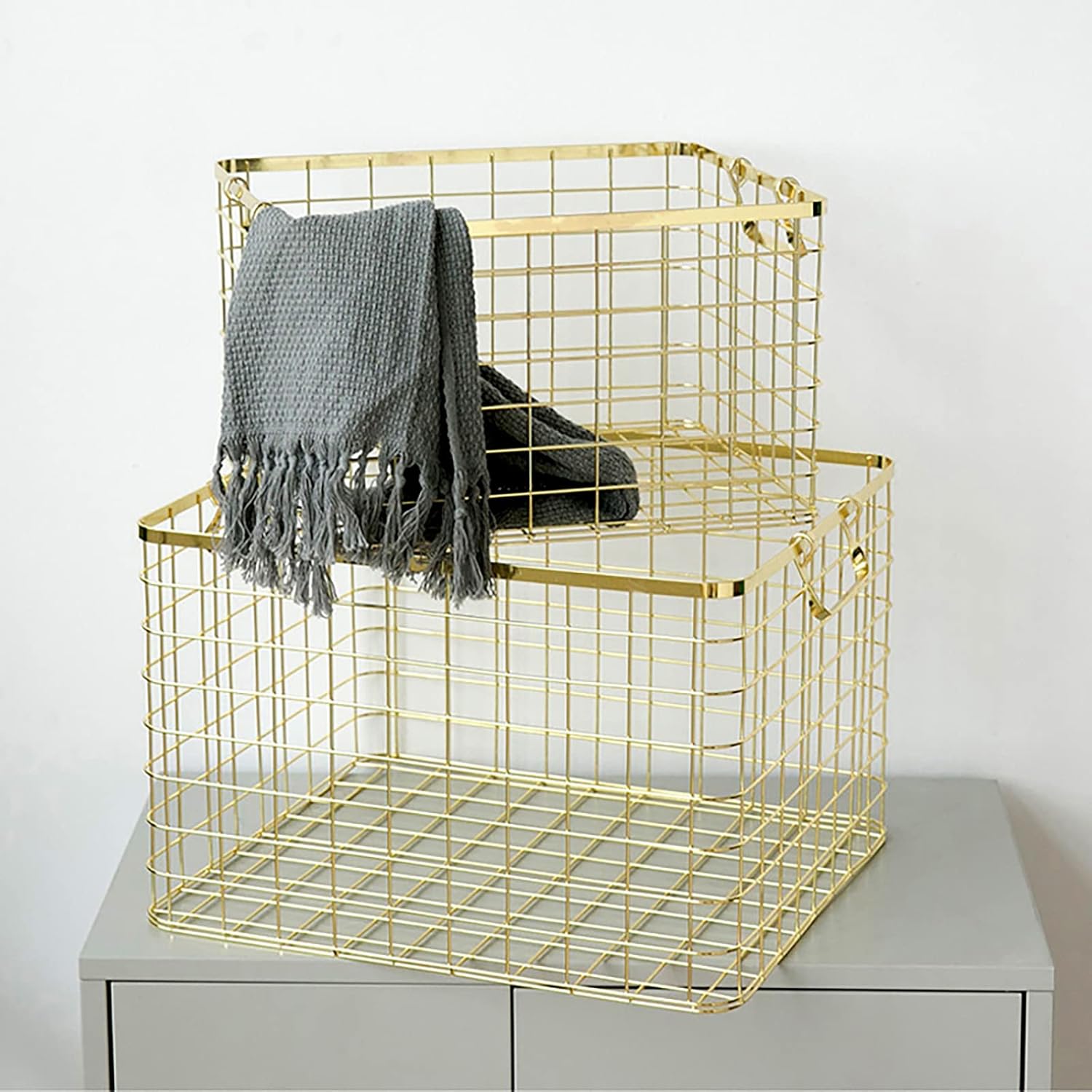 Set of 3 Nested Wire Basket Trays for Storage and Organizing (Gold)