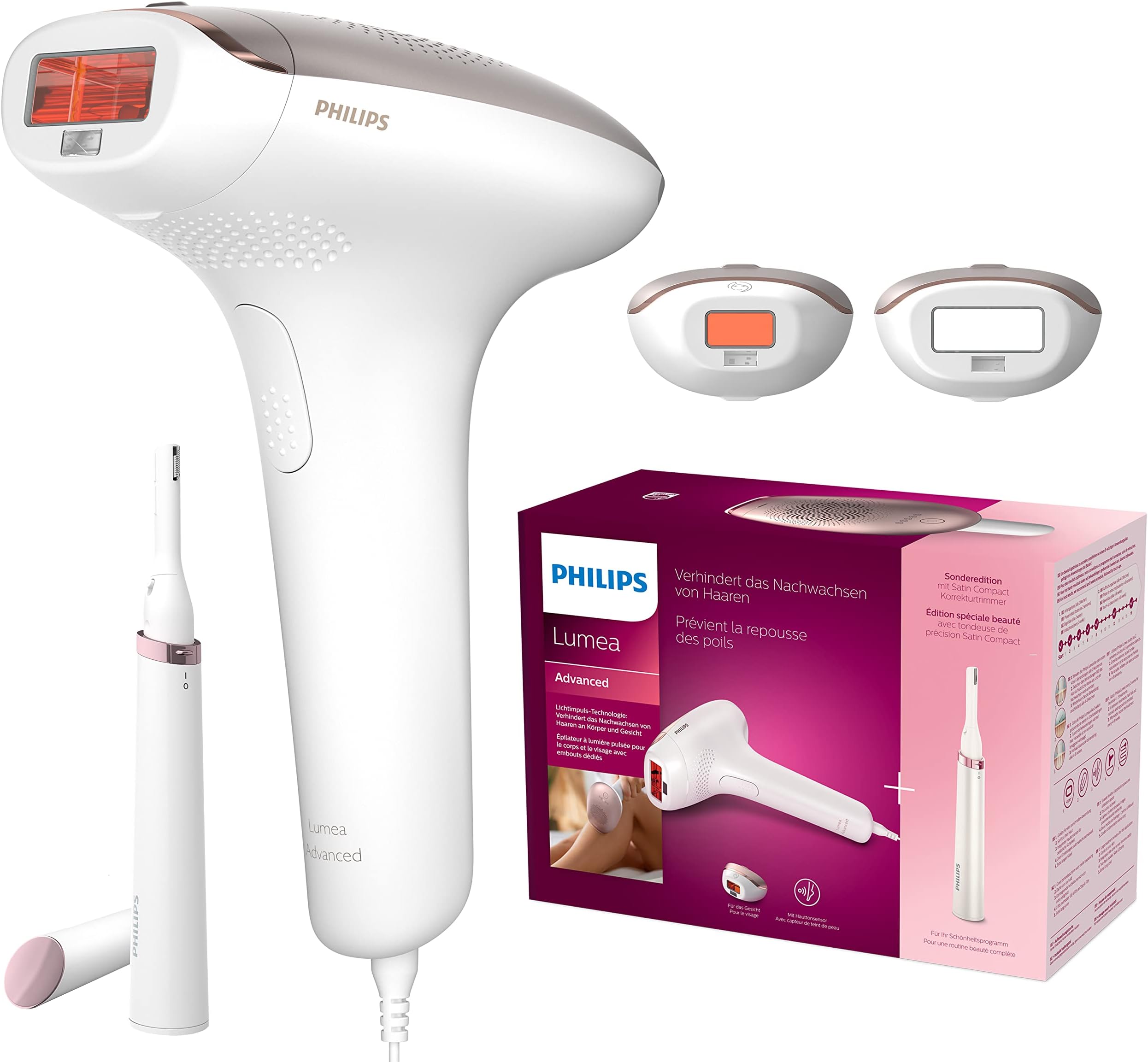 PHILIPS Lumea Advanced IPL Hair Removal Device with 2 Attachments for Face and Body + Complimentary Facial Hair Remover, Compact Touch-Up Trimmer - BRI921/00 [comes with UK Plug]