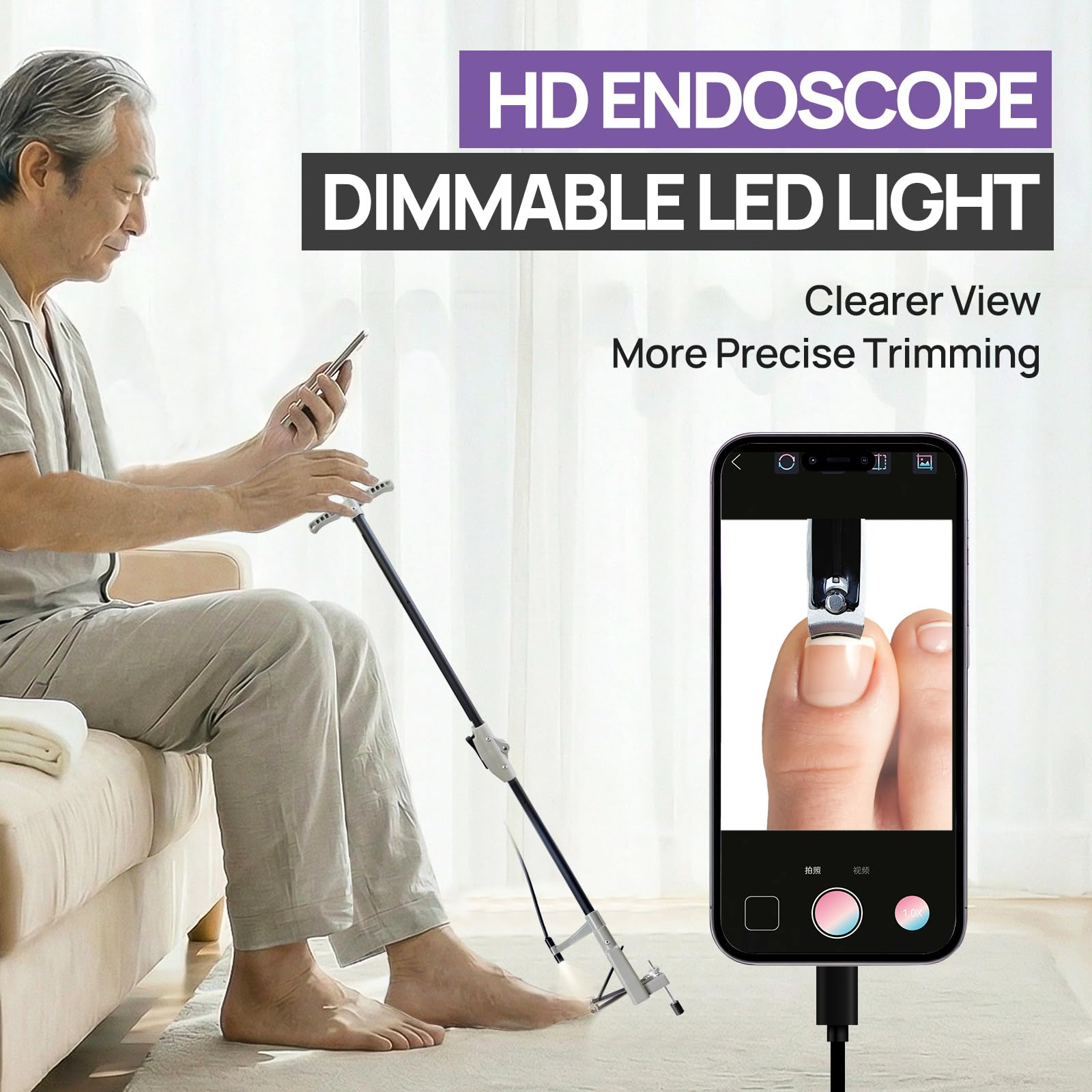 Cortaúñas de mango largo con endoscopio HD y luz LED, aluminio plegable de 32 pulgadas, pata de soporte ajustable, hoja de acero inoxidable para uñas gruesas, para personas mayores, usuarios