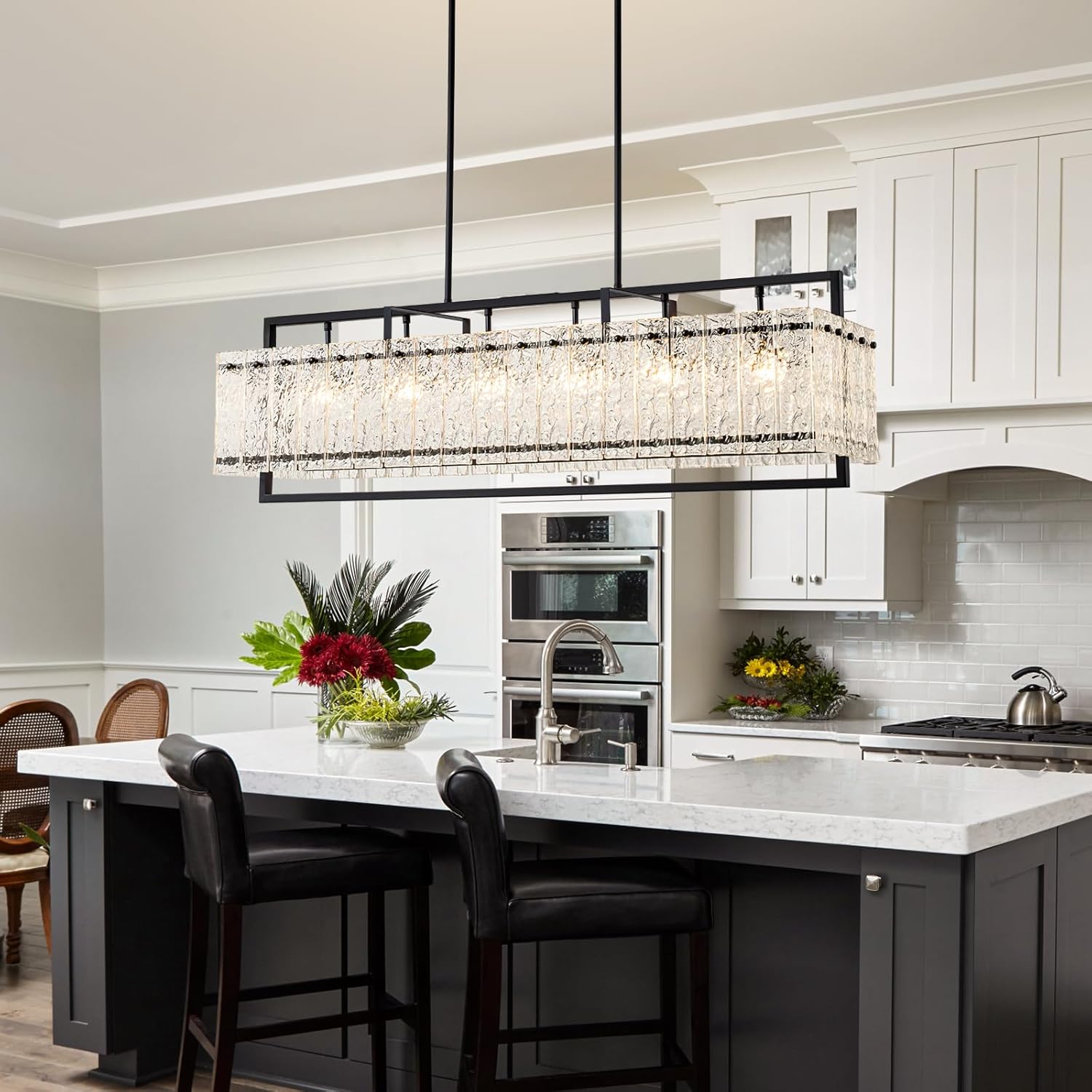 Modern Rectangle Black Crystal Chandeliers for Dining Room, Water Ripple Glass Island Light Fixture, 40.5" Large Linear Farmhouse Lighting for Kitchen Island, Living Room