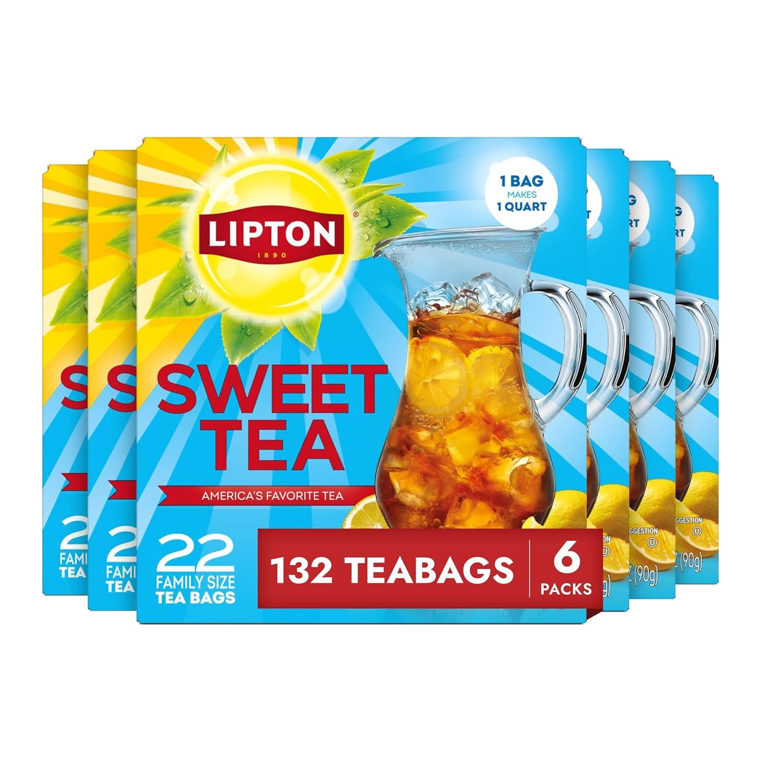 Lipton Family-Sized Black Iced Tea Bags, Southern Sweet Tea 22 ct (Pack of 6)