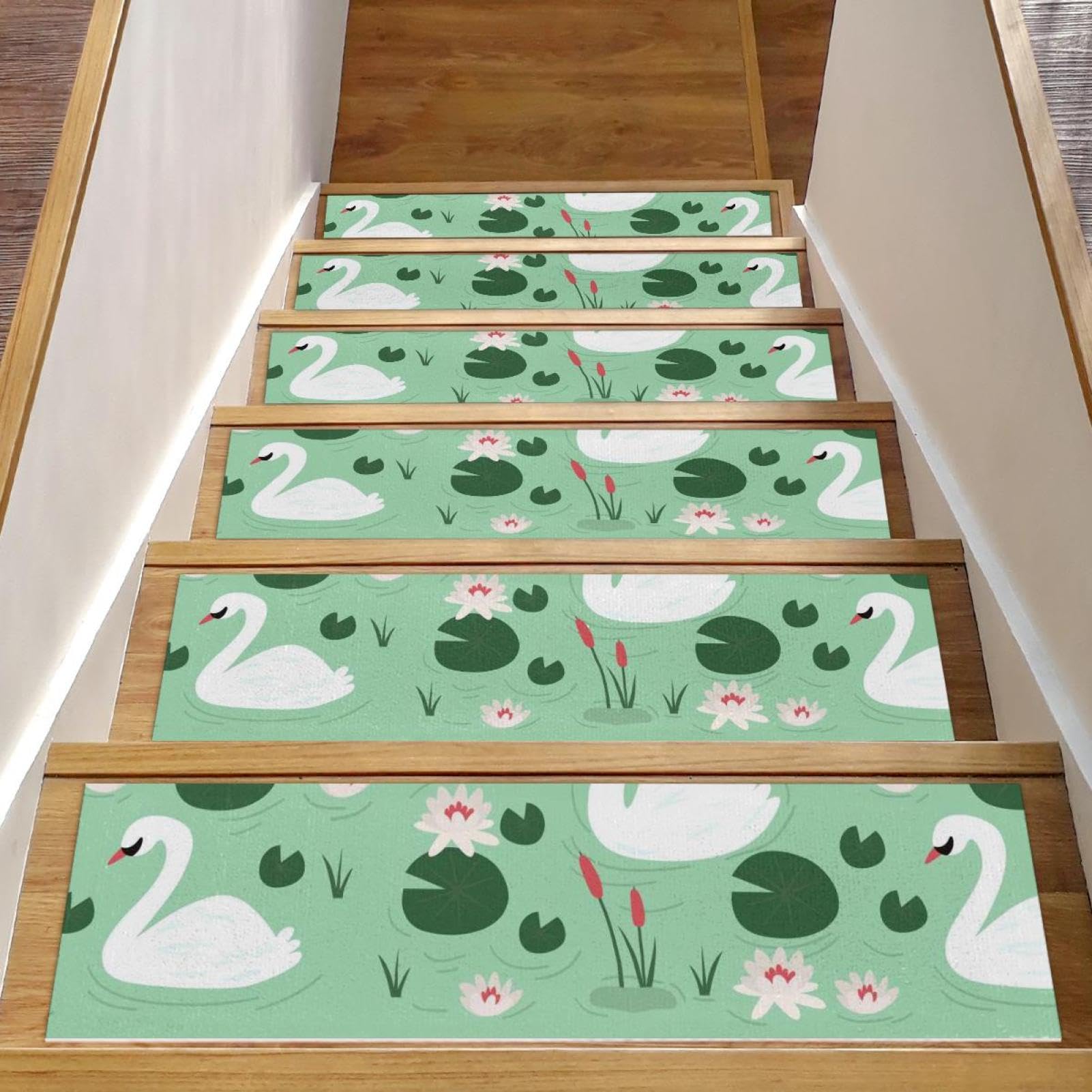 Tapis d'escalier antidérapant lot de 15 marches bois 76x20 cm motif cygne