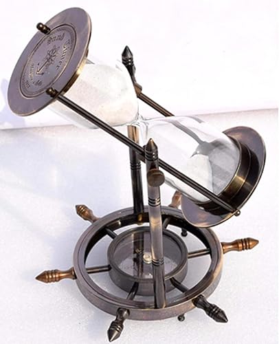 Rueda de barco de latón antiguo de 8 pulgadas, temporizador de arena de latón de 5 minutos y reloj de arena para oficina y decoración del hogar con