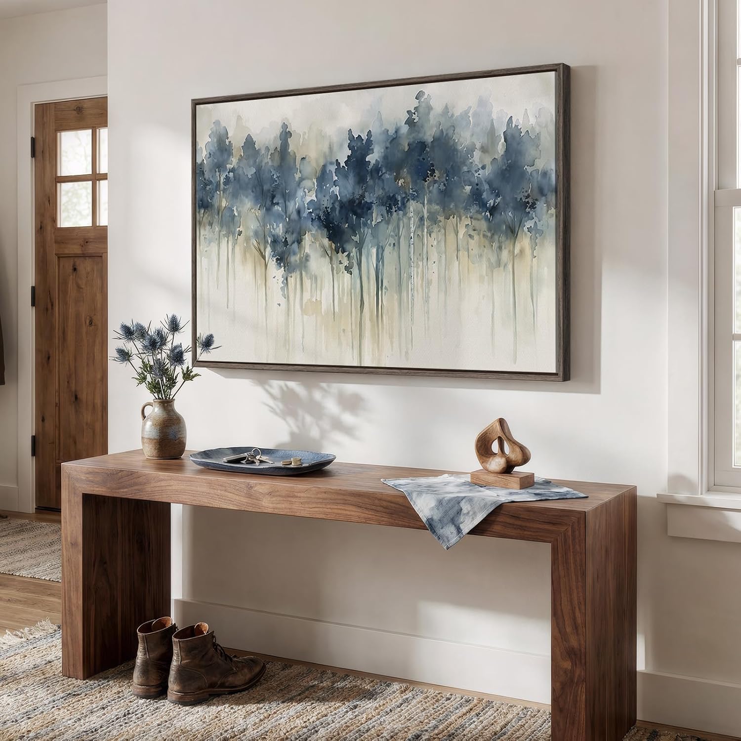 Framed Blue Abstract Forest Wall Art, Horizontal Watercolor Canvas Artwork for Walls, Modern Picture Print Wall Decor, Abstract Landscape Artwork for Living Room Bedroom Office Dining Room, 24x36 Inch