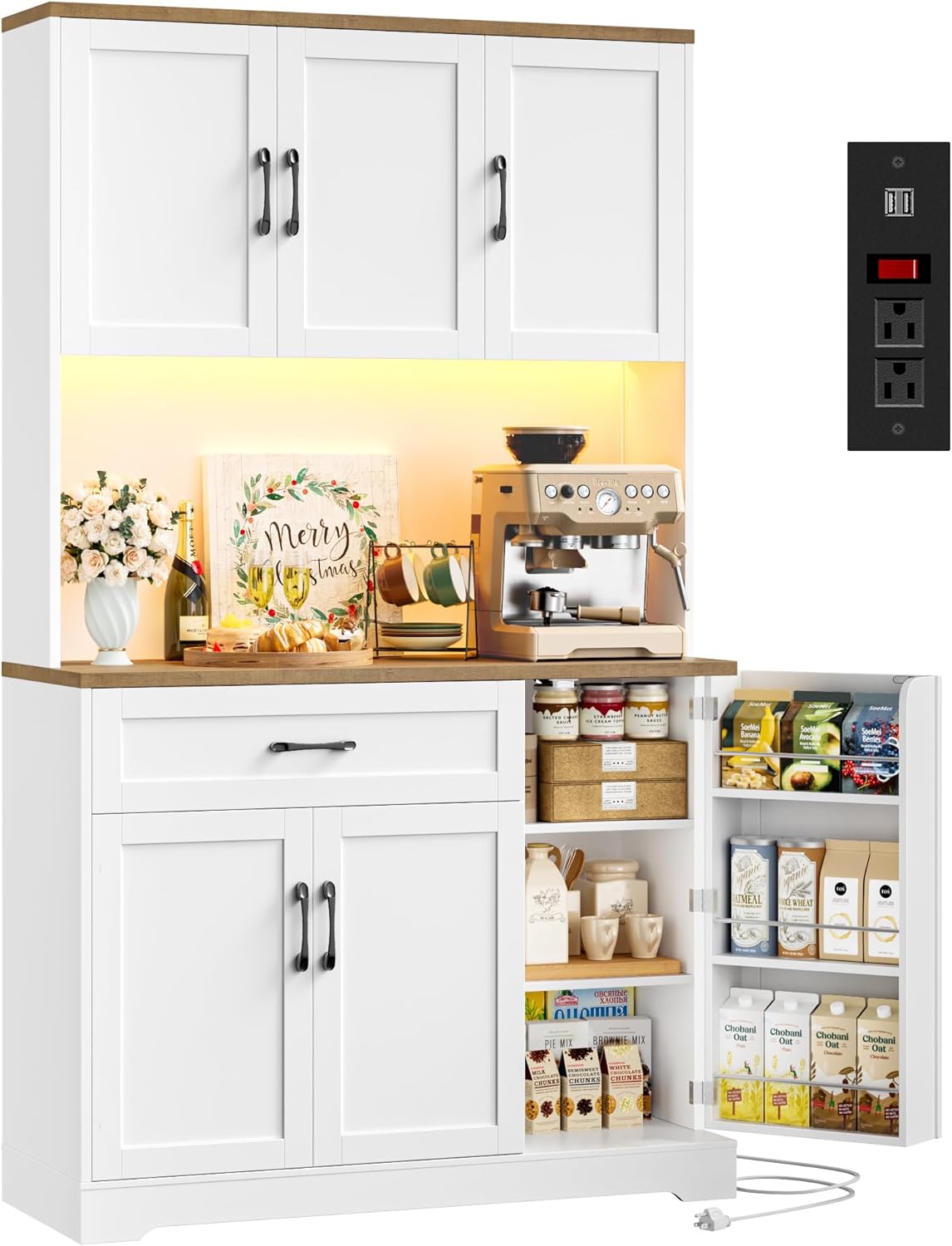 HIFIT 71" LED Pantry Cabinet with Power Outlet, Tall Kitchen Hutch Storage Cabinet with Microwave Stand & 6 Door Shelves, Modern Food Pantry Cabinets with Drawer for Kitchen Dining Living Room, White