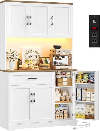 HIFIT 71" LED Pantry Cabinet with Power Outlet, Tall Kitchen