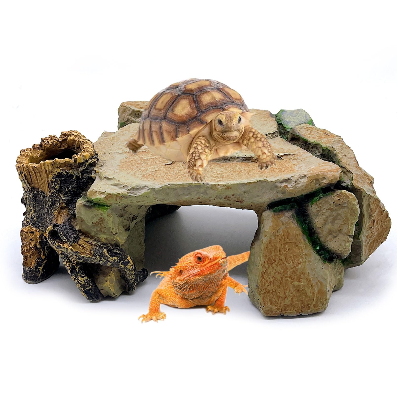 BNOSDM Reptile Hide Cave, Turtle Basking Platform, Terrarium Resin Rock Decor, Lizard Hideout Rocks Tank Accessories for Bearded Dragons, Snake, Leopard Gecko, Tortoise, Axolotls