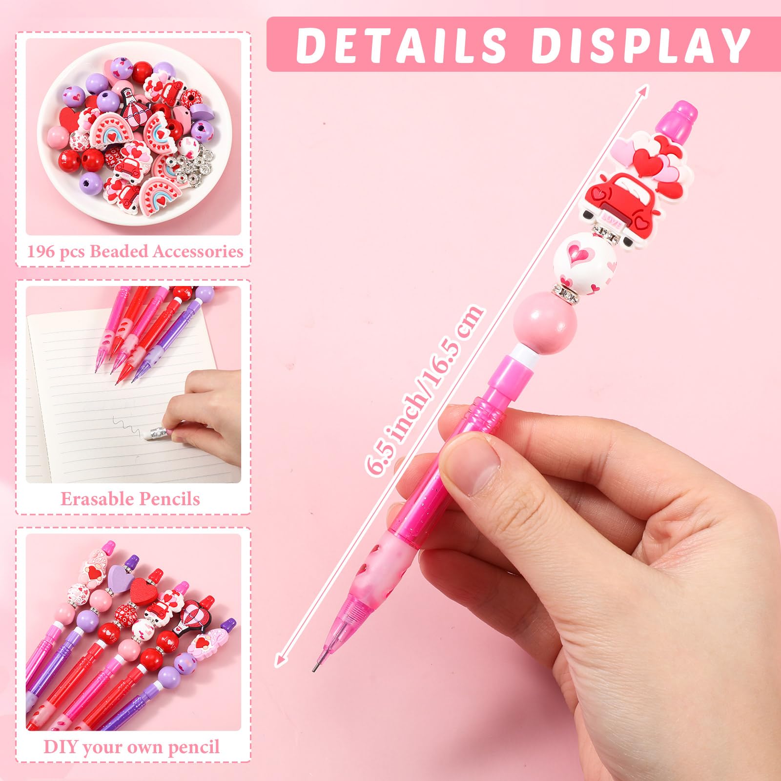 Fullhawl Kit de 224 lápices con cuentas para el día de San Valentín, 28 juegos de lápices con cuentas rosas, bolsas de lápices de cuentas para regalos del día de San Valentín, suministros de oficina
