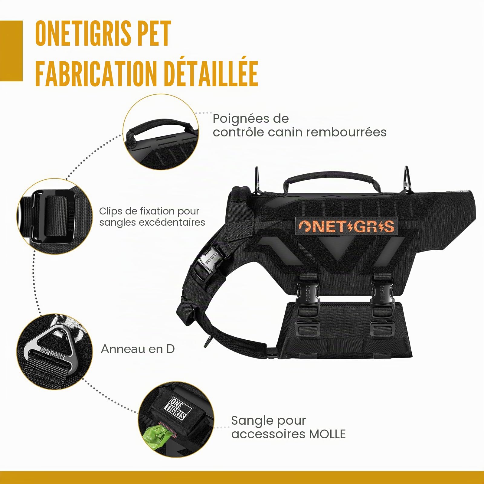 OneTigris X-Armor Harnais Tactique pour Chien entièrement en métal avec Velcro réfléchissant - Style Militaire réglable, Facile à Enfiler, pour la Marche, la randonnée, Le Dressage (Noir, Taille M)