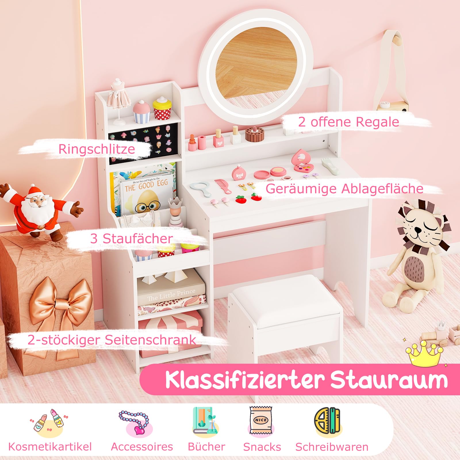 DREAMADE Kinderschminktisch mit LED-Spiegel & gepolstertem Hocker, Frisiertisch aus Holz mit Ringschlitzen, Regal & offenen Fächern, Prinzessin Kosmetiktisch für Mädchen ab 3 Jahren (Weiß)